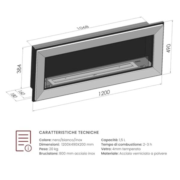 Cheminée au bioéthanol, rame120 avec verre de protection 1200 mm x 490 mm, noir semi-mat. – Image 8