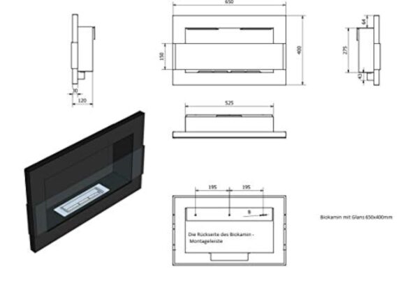 Cheminée murale bio-éthanol 650 x 400 mm - En céramique blanche brillante avec verre et certificat TÜV. – Image 7