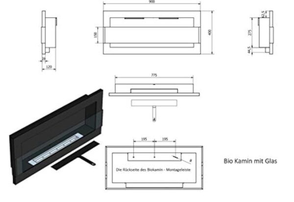 Cheminée murale bio-éthanol bio - 900 x 400 mm - Blanc brillant - Avec verre et certificat TÜV. – Image 7