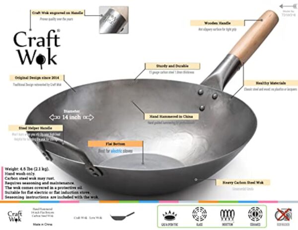 Craft Wok 731W316 Wok en acier au carbone martelé à la main avec poignée en bois et acier fond plat 35,6 cm – Image 3