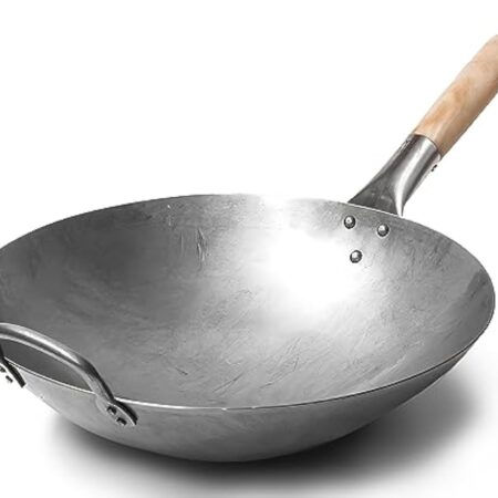 Craft Wok Wok traditionnel en acier carbone martelé à la main avec poignée auxiliaire en bois et acier (diamètre 35,6 cm, fond rond)/731W88