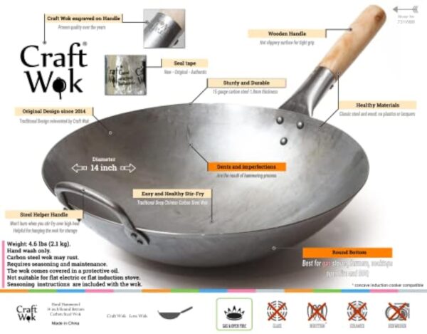 Craft Wok Wok traditionnel en acier carbone martelé à la main avec poignée auxiliaire en bois et acier (diamètre 35,6 cm, fond rond)/731W88 – Image 3