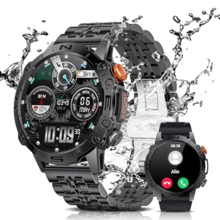ESFOE Montre Connectée Homme ave Assistant Vocal 1,43 '' AMOLED HD/5ATM Étanche Montres Intelligentes Militaire ave 100+ Modes Sportifs Pression Artérielle Cardiofrequencemetre pour Android iOS