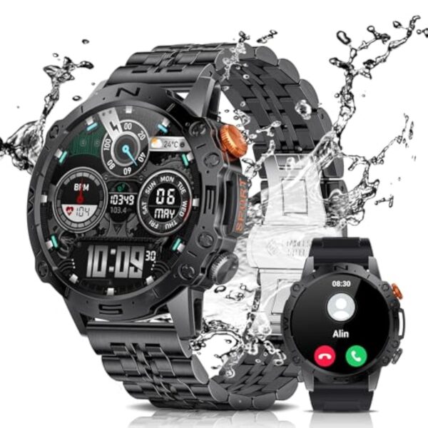 ESFOE Montre Connectée Homme ave Assistant Vocal 1,43 '' AMOLED HD/5ATM Étanche Montres Intelligentes Militaire ave 100+ Modes Sportifs Pression Artérielle Cardiofrequencemetre pour Android iOS – Image 2