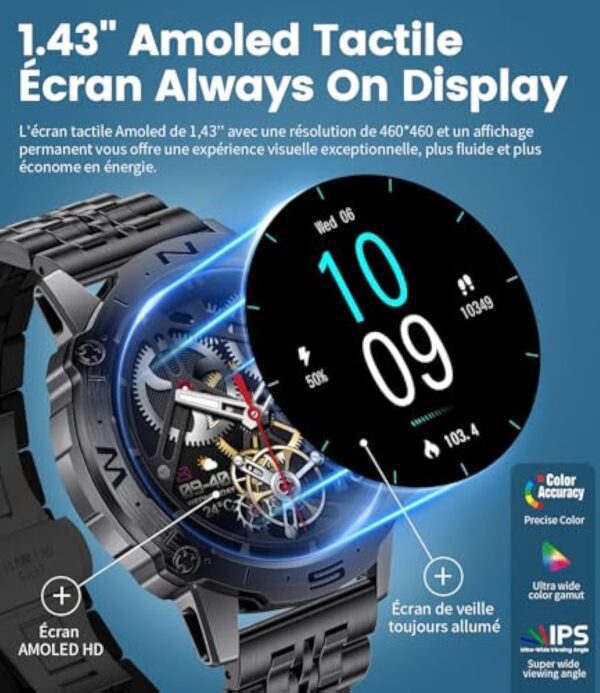 ESFOE Montre Connectée Homme ave Assistant Vocal 1,43 '' AMOLED HD/5ATM Étanche Montres Intelligentes Militaire ave 100+ Modes Sportifs Pression Artérielle Cardiofrequencemetre pour Android iOS – Image 3