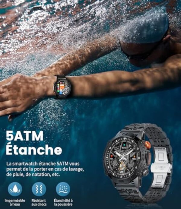ESFOE Montre Connectée Homme ave Assistant Vocal 1,43 '' AMOLED HD/5ATM Étanche Montres Intelligentes Militaire ave 100+ Modes Sportifs Pression Artérielle Cardiofrequencemetre pour Android iOS – Image 4