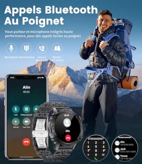 ESFOE Montre Connectée Homme ave Assistant Vocal 1,43 '' AMOLED HD/5ATM Étanche Montres Intelligentes Militaire ave 100+ Modes Sportifs Pression Artérielle Cardiofrequencemetre pour Android iOS – Image 5