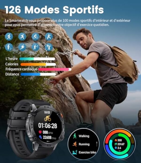 ESFOE Montre Connectée Homme ave Assistant Vocal 1,43 '' AMOLED HD/5ATM Étanche Montres Intelligentes Militaire ave 100+ Modes Sportifs Pression Artérielle Cardiofrequencemetre pour Android iOS – Image 6