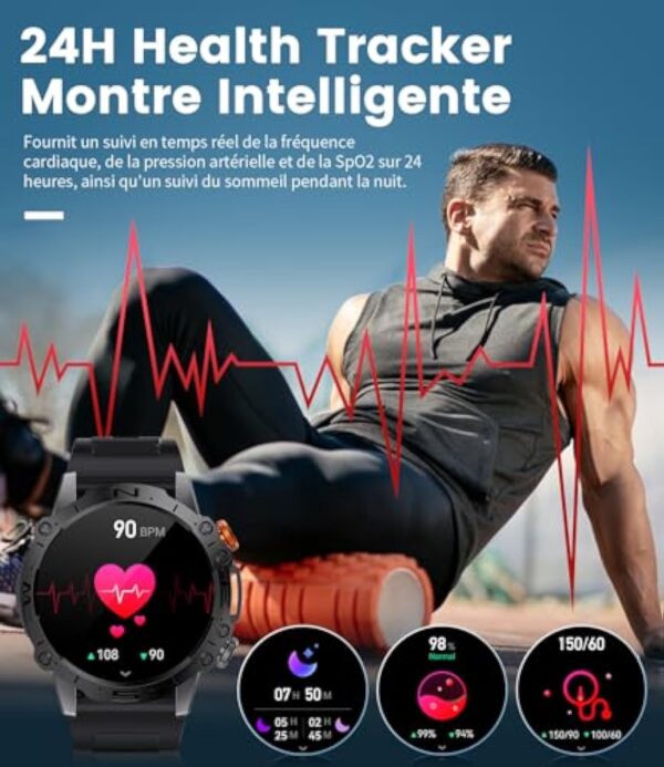 ESFOE Montre Connectée Homme ave Assistant Vocal 1,43 '' AMOLED HD/5ATM Étanche Montres Intelligentes Militaire ave 100+ Modes Sportifs Pression Artérielle Cardiofrequencemetre pour Android iOS – Image 7