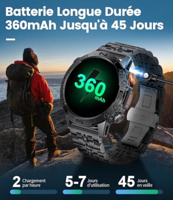 ESFOE Montre Connectée Homme ave Assistant Vocal 1,43 '' AMOLED HD/5ATM Étanche Montres Intelligentes Militaire ave 100+ Modes Sportifs Pression Artérielle Cardiofrequencemetre pour Android iOS – Image 8
