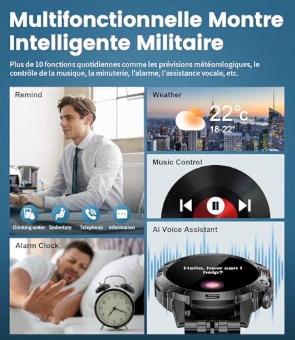 ESFOE Montre Connectée Homme ave Assistant Vocal 1,43 '' AMOLED HD/5ATM Étanche Montres Intelligentes Militaire ave 100+ Modes Sportifs Pression Artérielle Cardiofrequencemetre pour Android iOS – Image 9