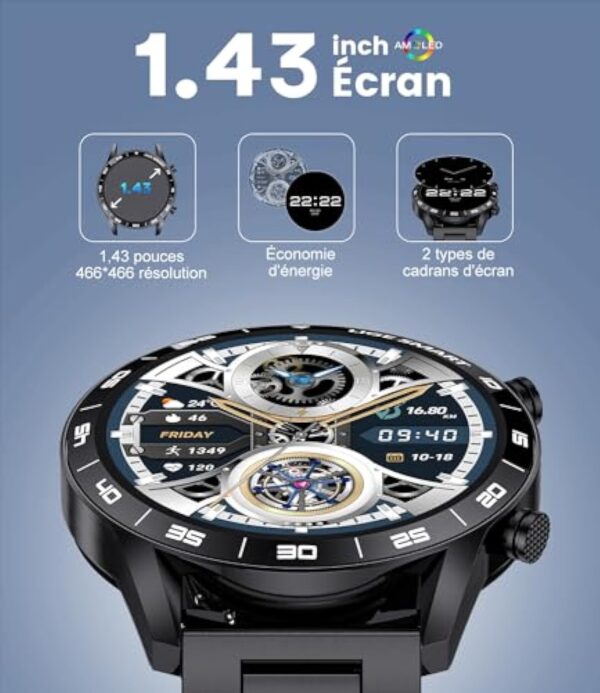 FOXBOX Montre Connectée Homme, 1.43" Écran Amoled Smart Watch avec 24/7 Fréquence Cardiaque, SpO2, Moniteur de Sommeil pour Android iOS, 110+ Sportmodi, Etanche IP68, Appel Bluetooth, 200+ Cadran – Image 3