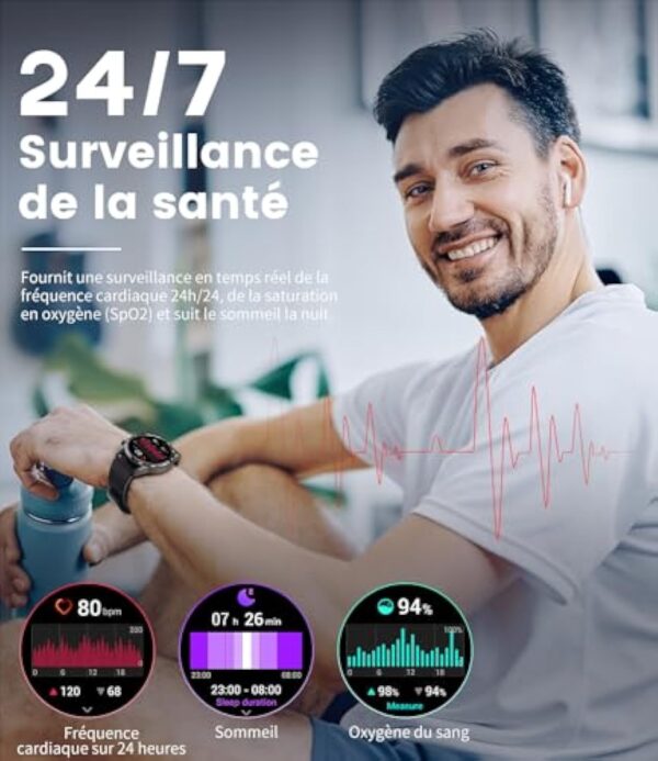 FOXBOX Montre Connectée Homme, 1.43" Écran Amoled Smart Watch avec 24/7 Fréquence Cardiaque, SpO2, Moniteur de Sommeil pour Android iOS, 110+ Sportmodi, Etanche IP68, Appel Bluetooth, 200+ Cadran – Image 8