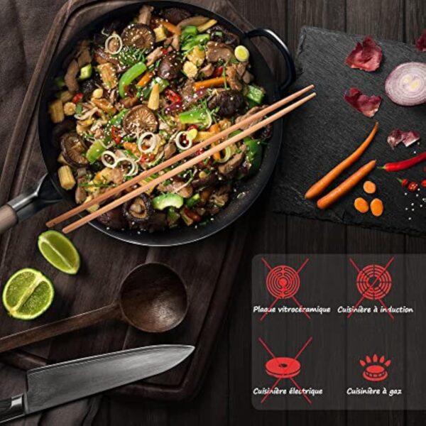 Flavemotion wok + anneau wok pour cuisinière à gaz, grill (30 cm, fond rond) wok martelé à la main en acier au carbone avec poignée en bois, y compris anneau wok pour le rangement – Image 4