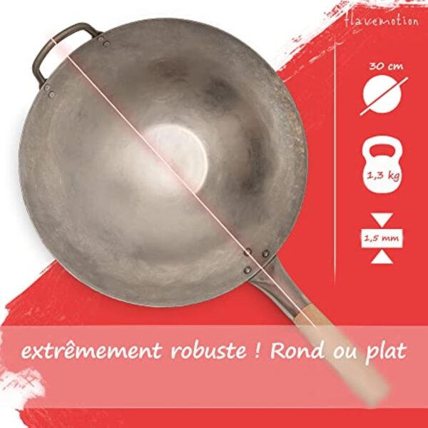 Flavemotion wok + anneau wok pour cuisinière à gaz, grill (30 cm, fond rond) wok martelé à la main en acier au carbone avec poignée en bois, y compris anneau wok pour le rangement – Image 6