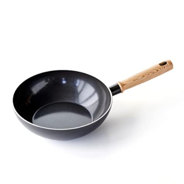 GreenChef Vintage Poêle Wok en Céramique Antiadhésive de 24 cm/2,5 L, Poignée à Apparence en Bois, Sans PFAS, Compatibles avec l'Induction, Va au Four, Va au Lave-Vaisselle, Gris