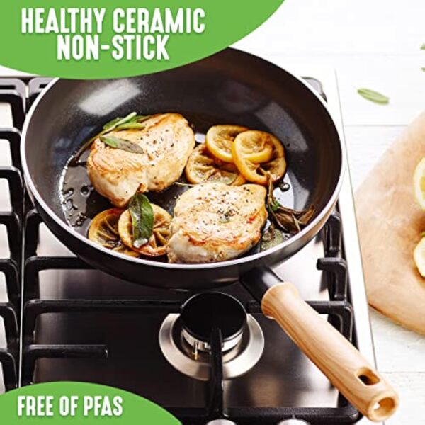 GreenChef Vintage Poêle Wok en Céramique Antiadhésive de 24 cm/2,5 L, Poignée à Apparence en Bois, Sans PFAS, Compatibles avec l'Induction, Va au Four, Va au Lave-Vaisselle, Gris – Image 3