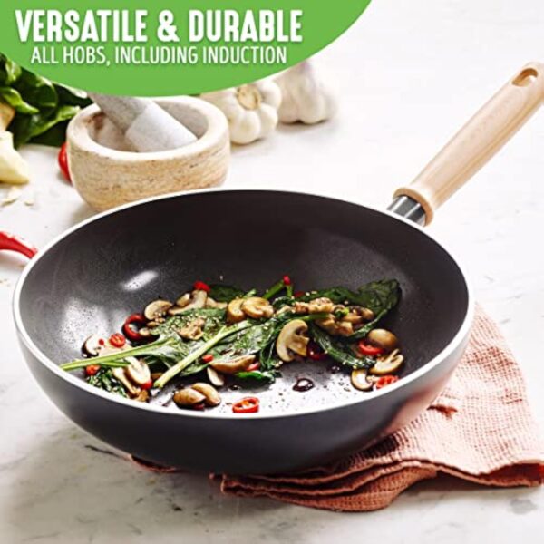 GreenChef Vintage Poêle Wok en Céramique Antiadhésive de 24 cm/2,5 L, Poignée à Apparence en Bois, Sans PFAS, Compatibles avec l'Induction, Va au Four, Va au Lave-Vaisselle, Gris – Image 8