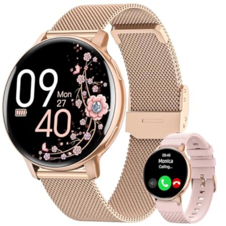 HASAKEI Montre Connectée Femme avec Appel Bluetooth 5.3, Smartwatch IP68 avec Fonction Féminine/120+ Modes Sport/Fréquence Cardiaque/Sommeil/SpO2 Montre Connectée Podomètre Calories Android iOS Or