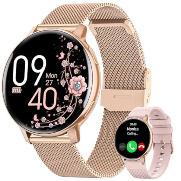 HASAKEI Montre Connectée Femme avec Appel Bluetooth 5.3, Smartwatch IP68 avec Fonction Féminine/120+ Modes Sport/Fréquence Cardiaque/Sommeil/SpO2 Montre Connectée Podomètre Calories Android iOS Or – Image 2