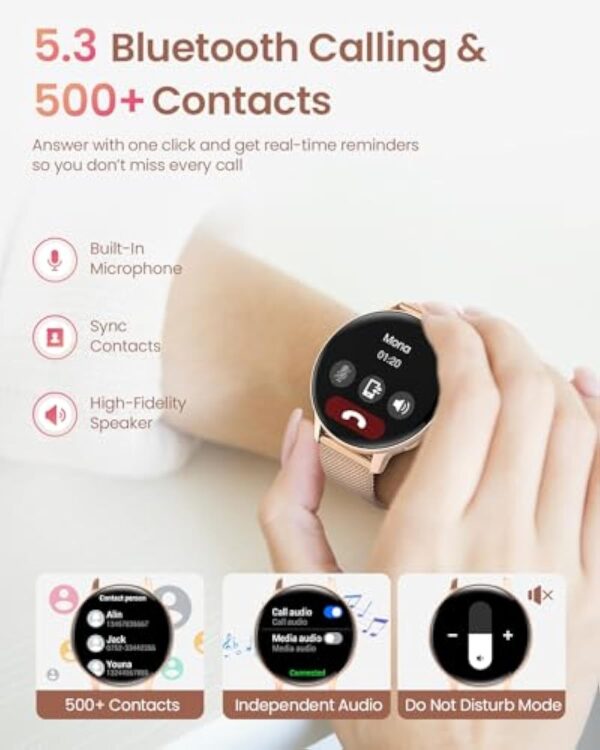 HASAKEI Montre Connectée Femme avec Appel Bluetooth 5.3, Smartwatch IP68 avec Fonction Féminine/120+ Modes Sport/Fréquence Cardiaque/Sommeil/SpO2 Montre Connectée Podomètre Calories Android iOS Or – Image 3