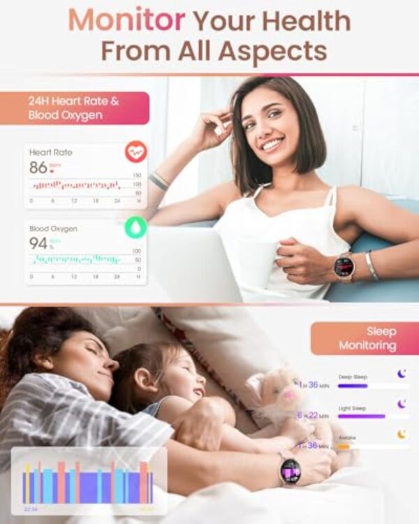 HASAKEI Montre Connectée Femme avec Appel Bluetooth 5.3, Smartwatch IP68 avec Fonction Féminine/120+ Modes Sport/Fréquence Cardiaque/Sommeil/SpO2 Montre Connectée Podomètre Calories Android iOS Or – Image 5