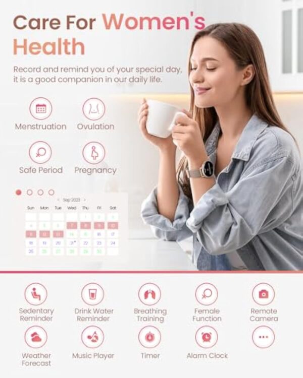 HASAKEI Montre Connectée Femme avec Appel Bluetooth 5.3, Smartwatch IP68 avec Fonction Féminine/120+ Modes Sport/Fréquence Cardiaque/Sommeil/SpO2 Montre Connectée Podomètre Calories Android iOS Or – Image 6