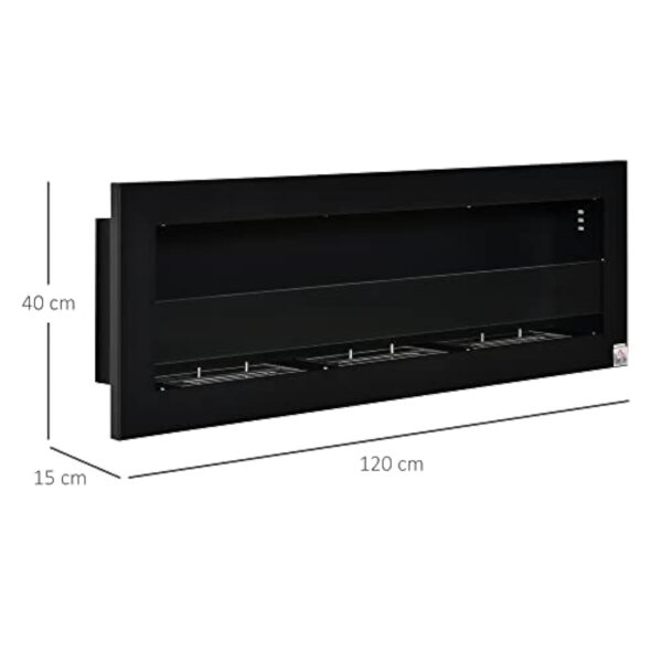 HOMCOM Cheminée bioéthanol Murale encastrable 3 brûleurs 3 L au Total, Environ 3 h de durée de Combustion, dims. 120L x 15l x 40H cm, Acier INOX Noir – Image 4