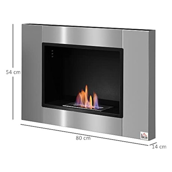 HOMCOM Cheminée bioéthanol Murale encastrable brûleur 1.5 L, Environ 3 h de durée de Combustion 80L x 14l x 54H cm Couverture 25-30 m² Acier INOX – Image 4