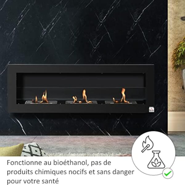 HOMCOM Cheminée bioéthanol Murale encastrable 3 brûleurs 3 L au Total, Environ 3 h de durée de Combustion, dims. 120L x 15l x 40H cm, Acier INOX Noir – Image 5