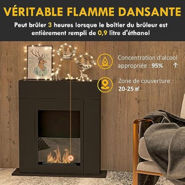 HOMCOM Cheminée bioéthanol brûleur 0,9 L, Environ 3 h de durée de Combustion 73 x 20 x 75 cm Couverture 20-25 m² Acier Noir – Image 5