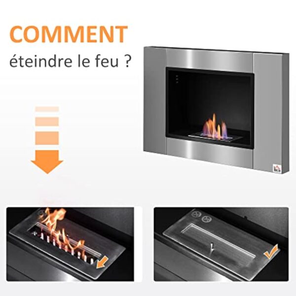 HOMCOM Cheminée bioéthanol Murale encastrable brûleur 1.5 L, Environ 3 h de durée de Combustion 80L x 14l x 54H cm Couverture 25-30 m² Acier INOX – Image 5