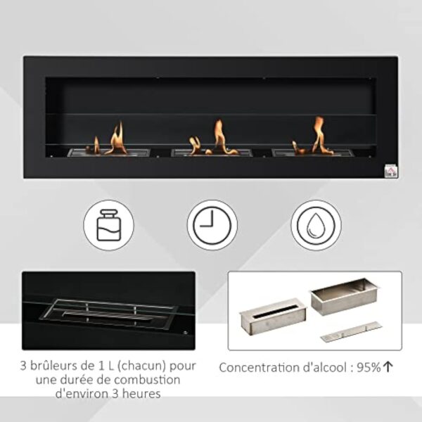 HOMCOM Cheminée bioéthanol Murale encastrable 3 brûleurs 3 L au Total, Environ 3 h de durée de Combustion, dims. 120L x 15l x 40H cm, Acier INOX Noir – Image 6