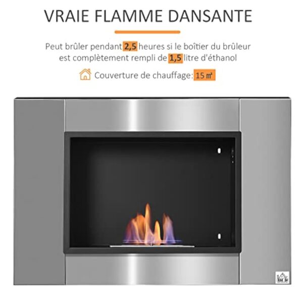 HOMCOM Cheminée bioéthanol Murale encastrable brûleur 1.5 L, Environ 3 h de durée de Combustion 80L x 14l x 54H cm Couverture 25-30 m² Acier INOX – Image 6