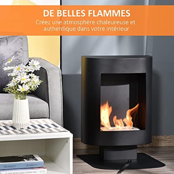 HOMCOM Cheminée bioéthanol sur Pied, brûleur 1,5 L, Environ 3 h de durée de Combustion, contrôle de Flamme et Crochet Inclus, Dim. 46,5L x 53l x 65H cm, Acier Noir – Image 6