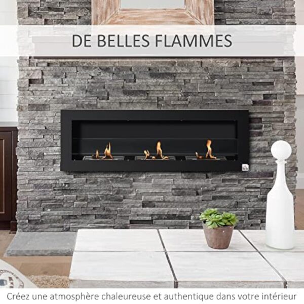 HOMCOM Cheminée bioéthanol Murale encastrable 3 brûleurs 3 L au Total, Environ 3 h de durée de Combustion, dims. 120L x 15l x 40H cm, Acier INOX Noir – Image 7