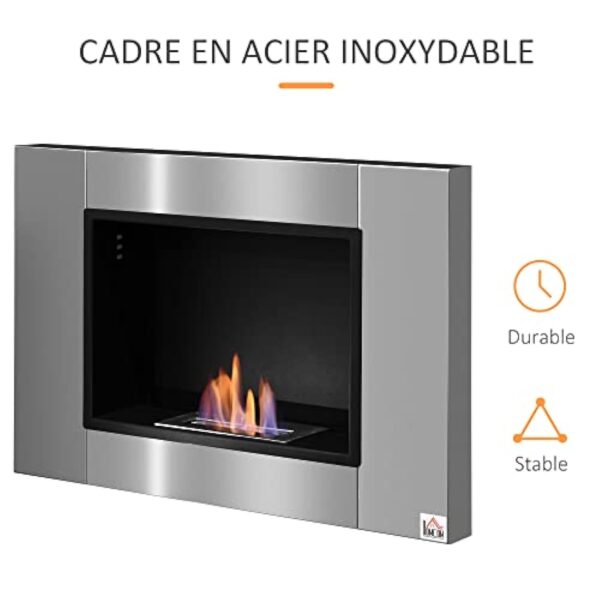 HOMCOM Cheminée bioéthanol Murale encastrable brûleur 1.5 L, Environ 3 h de durée de Combustion 80L x 14l x 54H cm Couverture 25-30 m² Acier INOX – Image 7