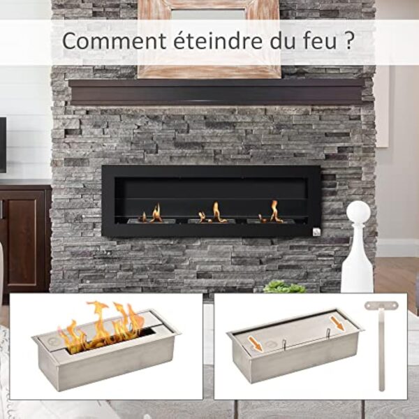 HOMCOM Cheminée bioéthanol Murale encastrable 3 brûleurs 3 L au Total, Environ 3 h de durée de Combustion, dims. 120L x 15l x 40H cm, Acier INOX Noir – Image 8