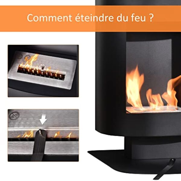 HOMCOM Cheminée bioéthanol sur Pied, brûleur 1,5 L, Environ 3 h de durée de Combustion, contrôle de Flamme et Crochet Inclus, Dim. 46,5L x 53l x 65H cm, Acier Noir – Image 8
