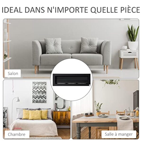 HOMCOM Cheminée bioéthanol Murale encastrable 3 brûleurs 3 L au Total, Environ 3 h de durée de Combustion, dims. 120L x 15l x 40H cm, Acier INOX Noir – Image 9