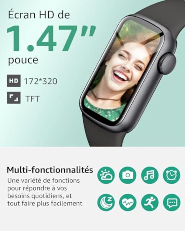 IMFRCHCS Montre Connectée Femme Homme, 1.47''Smartwatch avec 137 Modes Sport, Sommeil Moniteur, Oxymètre Podomètre, Notification Intelligente, Montre Etanche IP68 Sport Compatible pour Android iOS – Image 3