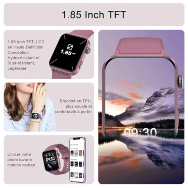 IOWODO Montre Connectée Femme Homme, Montre Appel, Appels Numérotation, Écran 1.85 Pouce, Assistant Vocal, Bluetooth 5.0, 100 Modes de Sport, pour Android/iOS (Violet) – Image 5