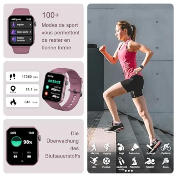 IOWODO Montre Connectée Femme Homme, Montre Appel, Appels Numérotation, Écran 1.85 Pouce, Assistant Vocal, Bluetooth 5.0, 100 Modes de Sport, pour Android/iOS (Violet) – Image 6