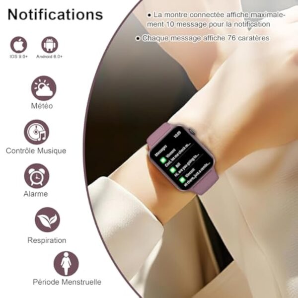 IOWODO Montre Connectée Femme Homme, Montre Appel, Appels Numérotation, Écran 1.85 Pouce, Assistant Vocal, Bluetooth 5.0, 100 Modes de Sport, pour Android/iOS (Violet) – Image 7
