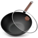 Jobin 33 cm/5,6L Wok en Acier au Carbone Avec Couvercle - Sans Revêtement Chimique - Cuisiner des Plats Asiatiques pour 4-6 Personnes - Convient à Induction/Electrique/Gas