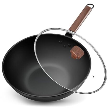 Jobin 33 cm/5,6L Wok en Acier au Carbone Avec Couvercle - Sans Revêtement Chimique - Cuisiner des Plats Asiatiques pour 4-6 Personnes - Convient à Induction/Electrique/Gas