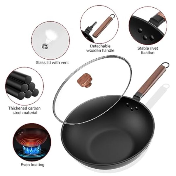 Jobin 33 cm/5,6L Wok en Acier au Carbone Avec Couvercle - Sans Revêtement Chimique - Cuisiner des Plats Asiatiques pour 4-6 Personnes - Convient à Induction/Electrique/Gas – Image 3