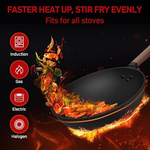 Jobin 33 cm/5,6L Wok en Acier au Carbone Avec Couvercle - Sans Revêtement Chimique - Cuisiner des Plats Asiatiques pour 4-6 Personnes - Convient à Induction/Electrique/Gas – Image 5