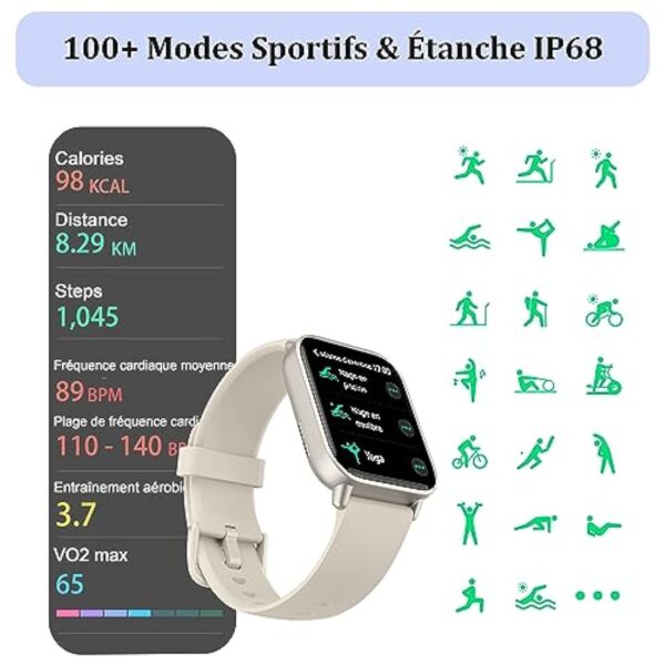 KALINCO Montre Connectée Femme Homme avec Alexa Intégré, 1,8" Smartwatch avec Appel Bluetooth, Podometre/Fréquence Cardiaque/Sommeil/SpO2, 100+ Modes Sportifs, Montre Intelligente pour Android iOS – Image 7