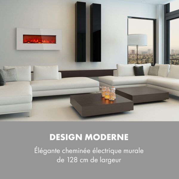 KLARSTEIN Lausanne Long - Cheminée électrique chauffante, Cheminee electrique effet flamme, 1600W, Puissance 2 niveaux, Verre trempé, Luminosité réglable, Télécommande, Montage Mural - Blanc – Image 2
